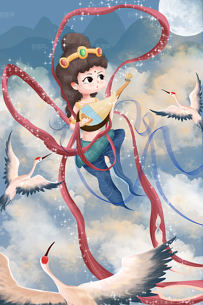 中国风复古国潮烫金岩彩飞天仙女敦煌插画