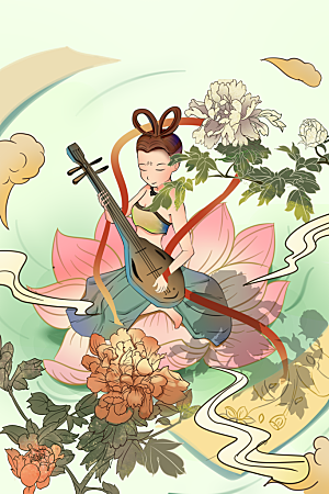 中国风复古国潮烫金岩彩飞天仙女敦煌插画