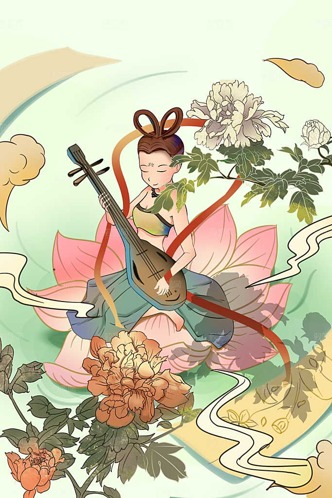 中国风复古国潮烫金岩彩飞天仙女敦煌插画