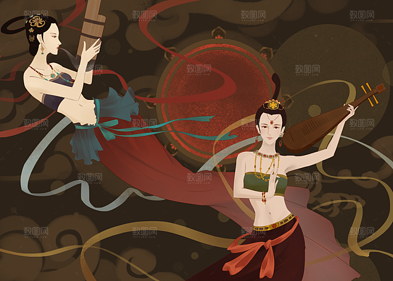 中国风复古国潮烫金岩彩飞天仙女敦煌插画