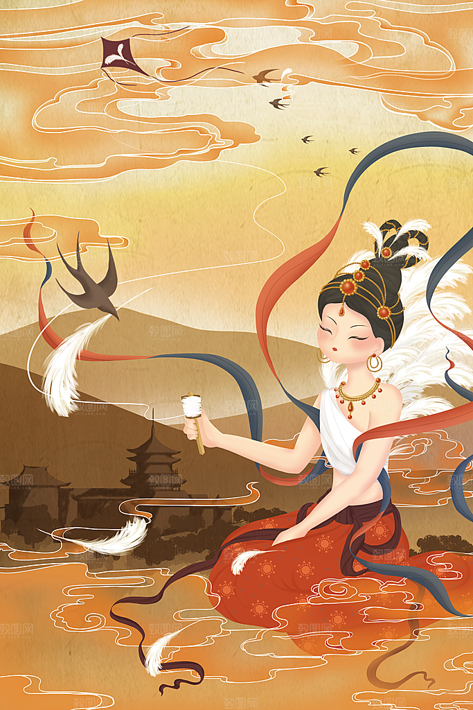 中国风复古国潮烫金岩彩飞天仙女敦煌插画