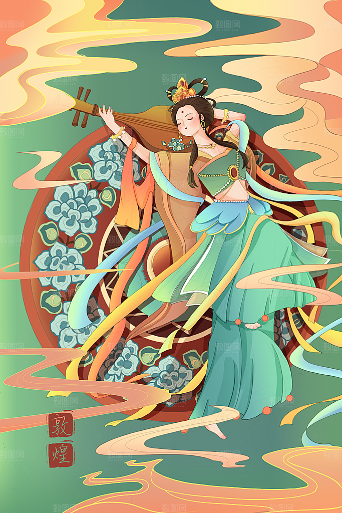 中国风复古国潮烫金岩彩飞天仙女敦煌插画