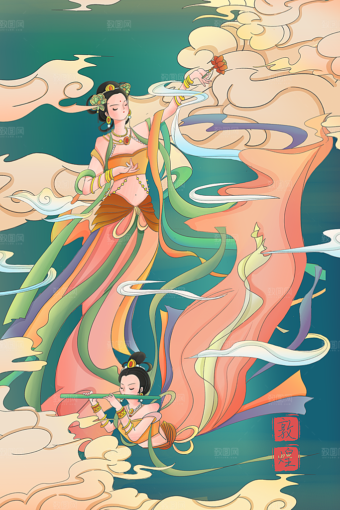 中国风复古国潮烫金岩彩飞天仙女敦煌插画