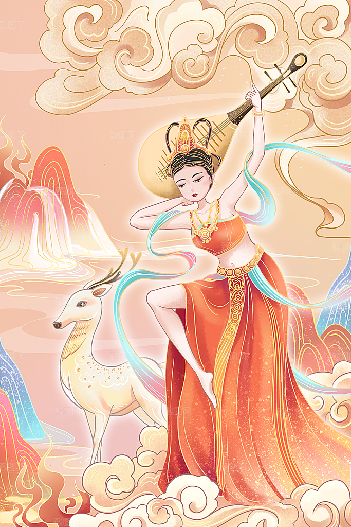 中国风复古国潮烫金岩彩飞天仙女敦煌插画