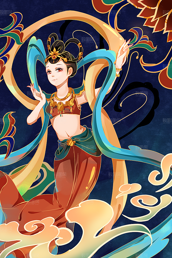 中国风复古国潮烫金岩彩飞天仙女敦煌插画