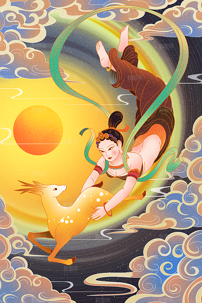中国风复古国潮烫金岩彩飞天仙女敦煌插画