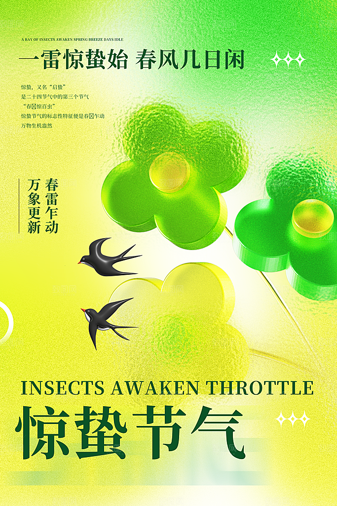 传统节日唯美中国风花鸟惊蛰海报