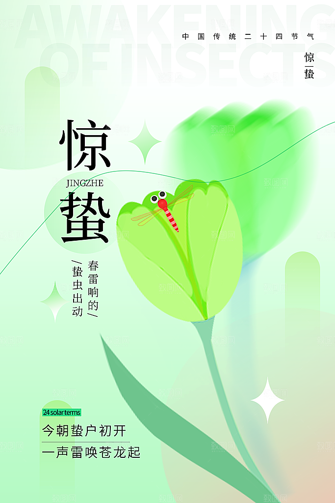 传统节日唯美中国风花鸟惊蛰海报