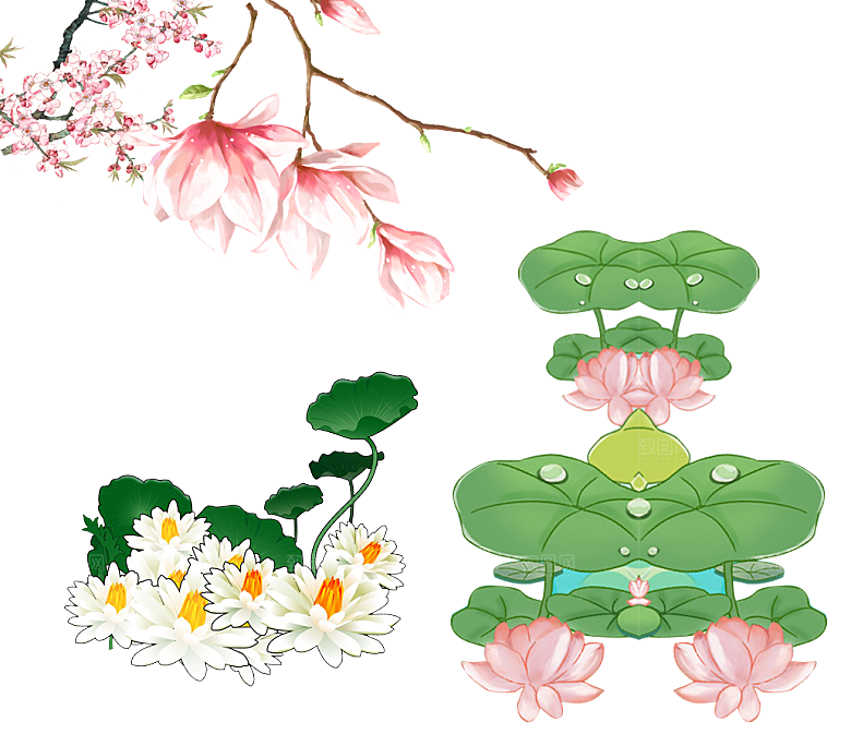 免抠植物绿植荷花插画元素