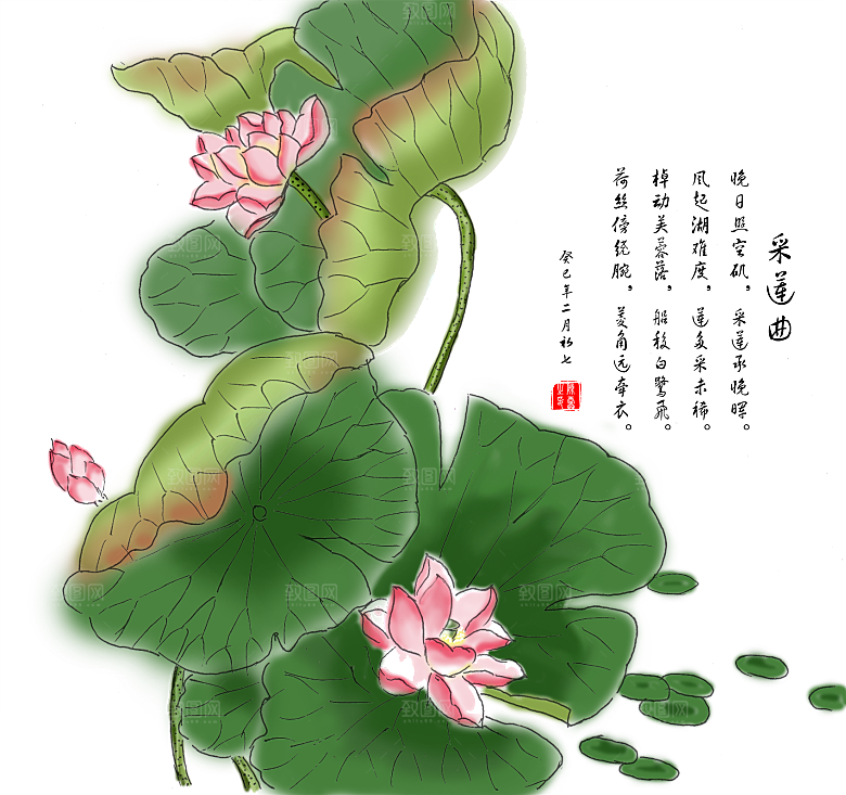 免抠植物绿植荷花插画元素