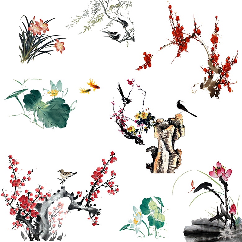 免抠植物古风花草插画元素
