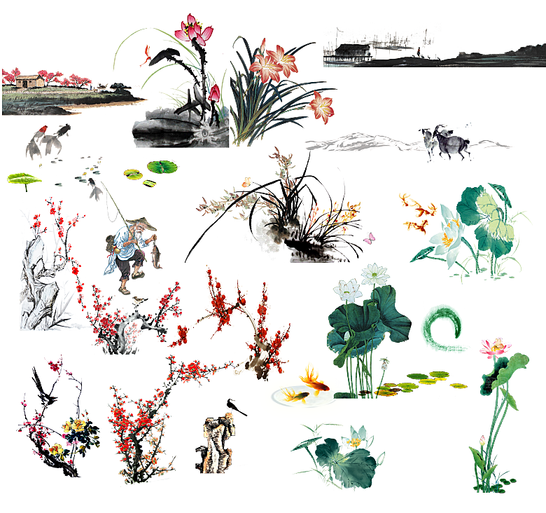 免抠植物古风花草插画元素
