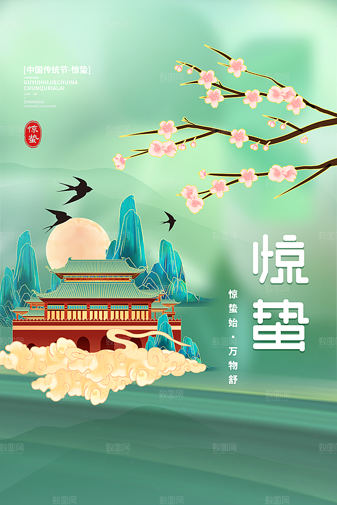 传统节日唯美中国风花鸟惊蛰海报