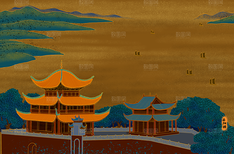 古风国潮烫金中国风城市地标建筑插画