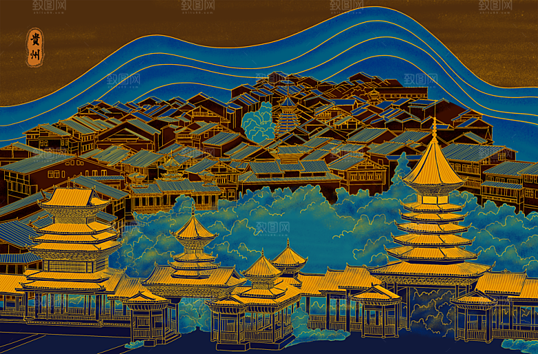 古风国潮烫金中国风城市地标建筑插画