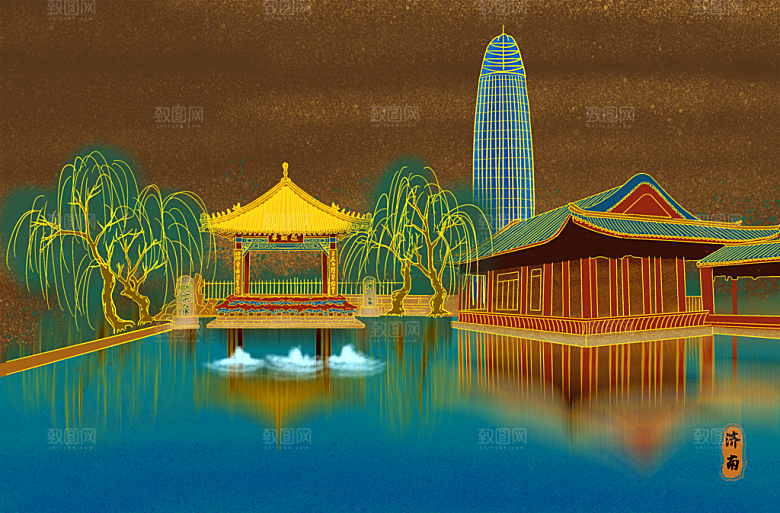古风国潮烫金中国风城市地标建筑插画