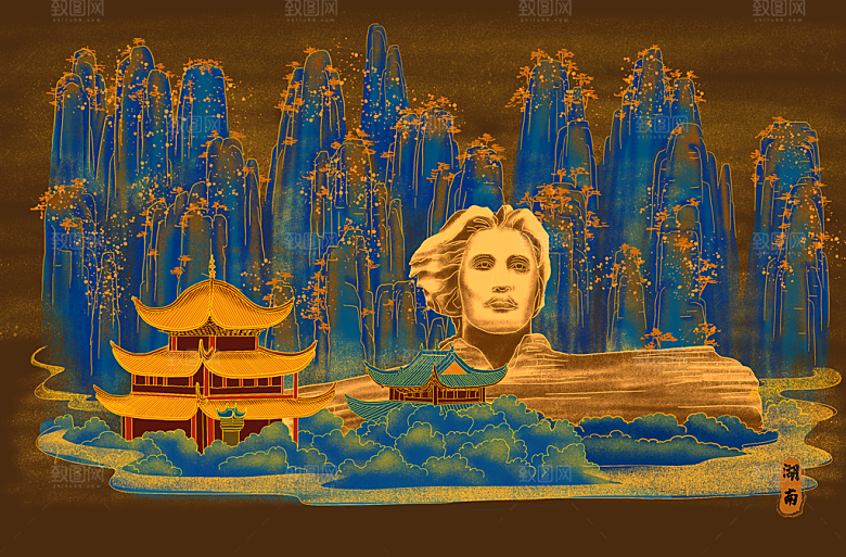 古风国潮烫金中国风城市地标建筑插画