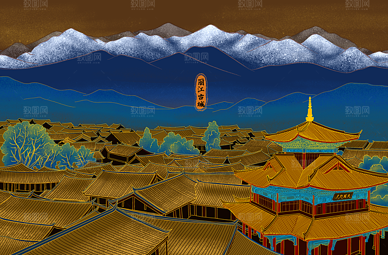 古风国潮烫金中国风城市地标建筑插画