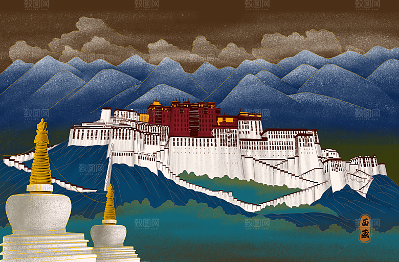 古风国潮烫金中国风城市地标建筑插画