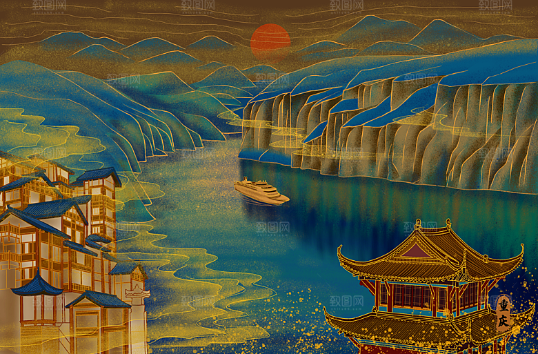 古风国潮烫金中国风城市地标建筑插画