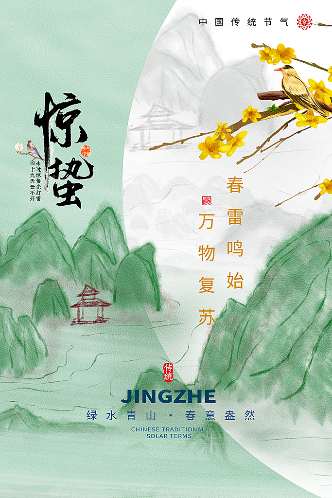 传统节日唯美中国风花鸟惊蛰海报