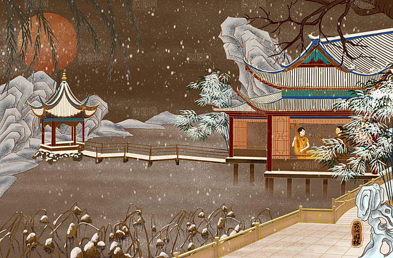 古风国潮烫金中国风城市地标建筑插画