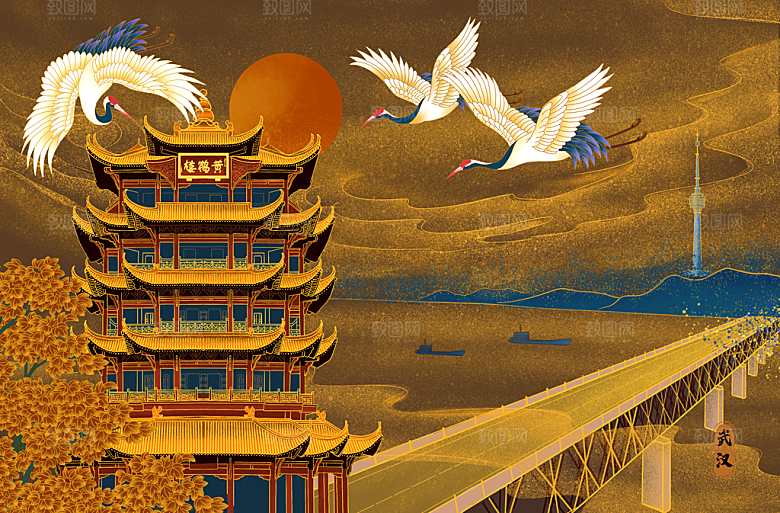 古风国潮烫金中国风城市地标建筑插画