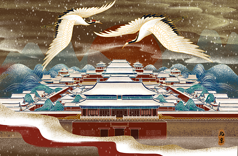 古风国潮烫金中国风城市地标建筑插画
