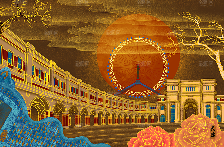 古风国潮烫金中国风城市地标建筑插画