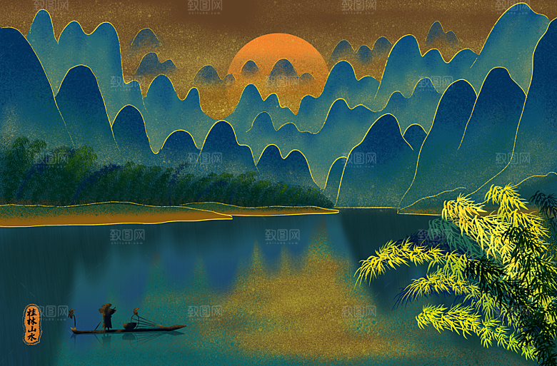 古风国潮烫金中国风城市地标建筑插画