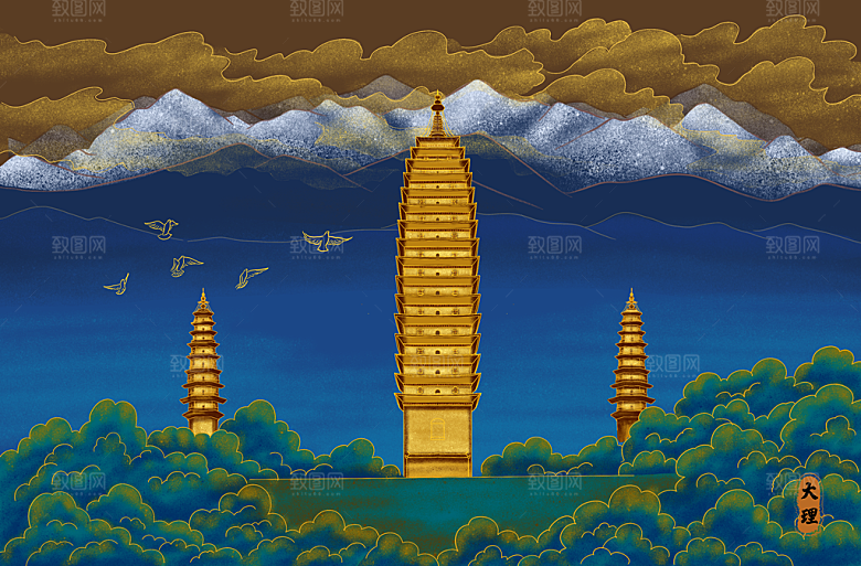 古风国潮烫金中国风城市地标建筑插画