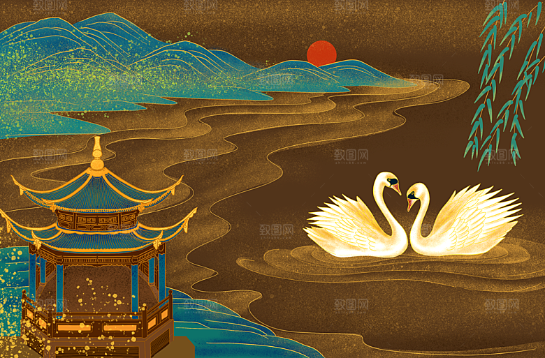 古风国潮烫金中国风城市地标建筑插画