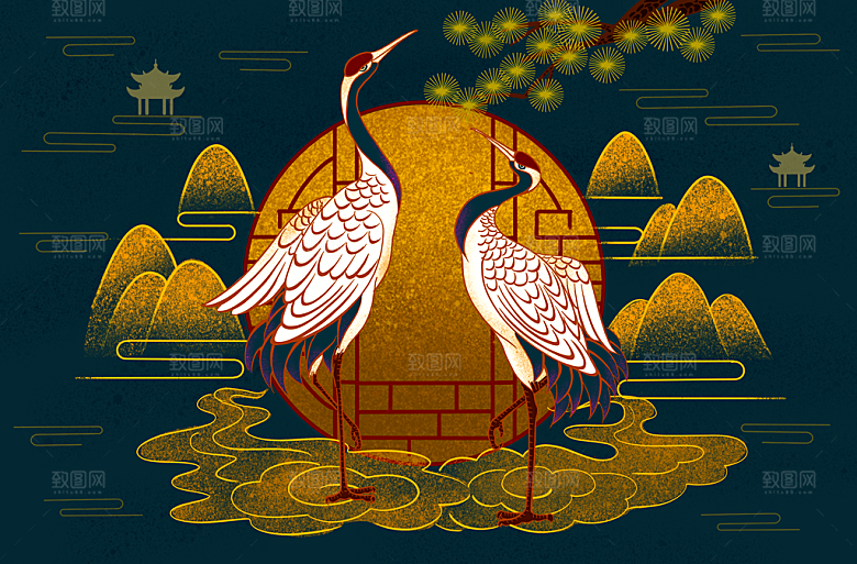 古风国潮烫金中国风城市地标建筑插画