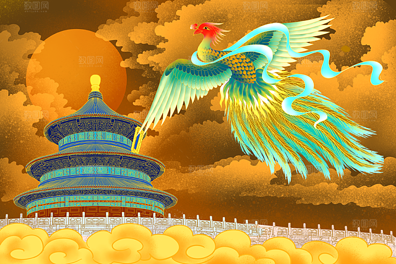 古风国潮烫金中国风城市地标建筑插画