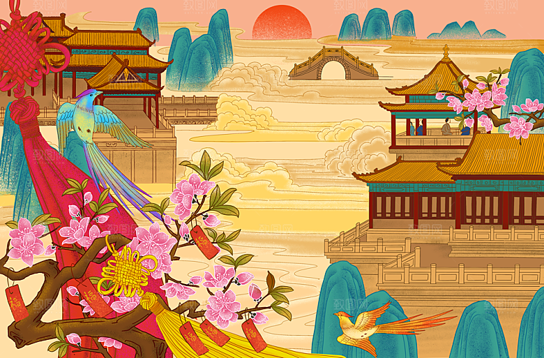 古风国潮烫金中国风城市地标建筑插画