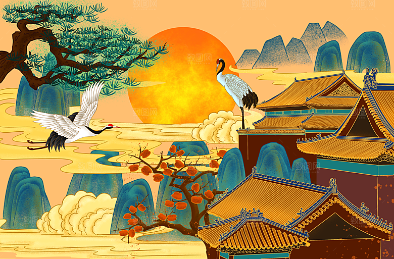 古风国潮烫金中国风城市地标建筑插画