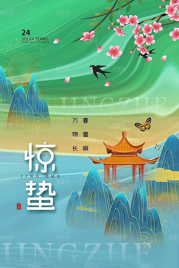 传统节日唯美中国风花鸟惊蛰海报