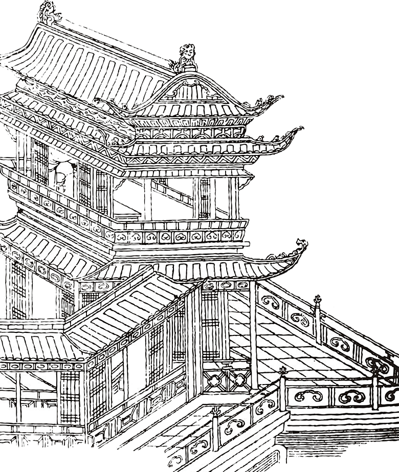 免抠古风水墨建筑插画PNG元素