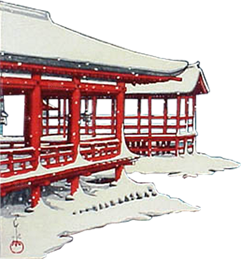 免抠古风水墨建筑插画PNG元素