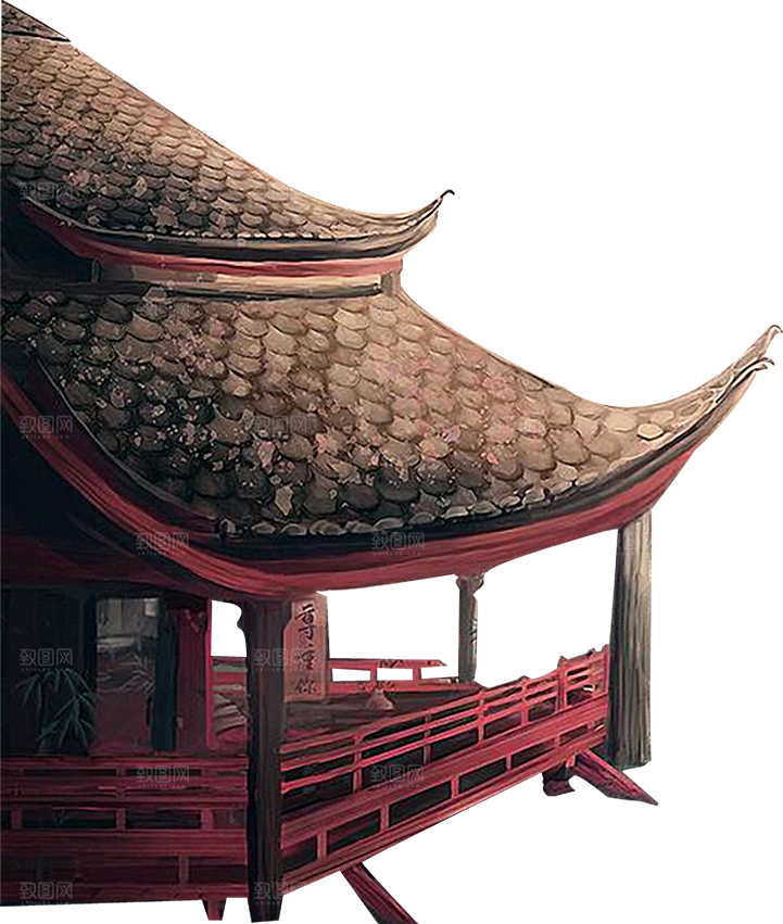 免抠古风水墨建筑插画PNG元素