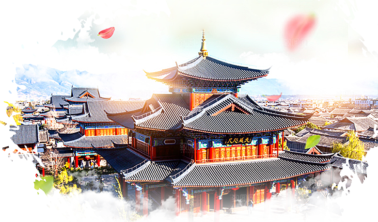 免抠古风水墨建筑插画PNG元素