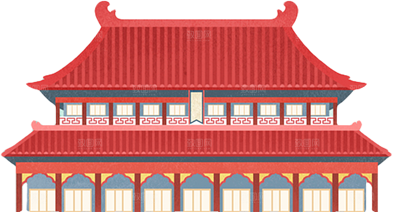 免抠古风水墨建筑插画PNG元素