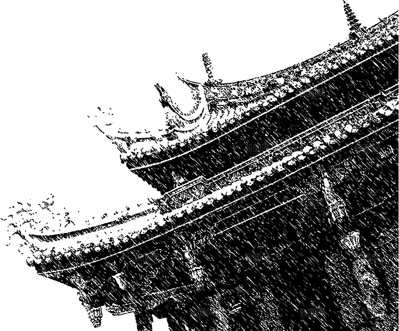免抠古风水墨建筑插画PNG元素