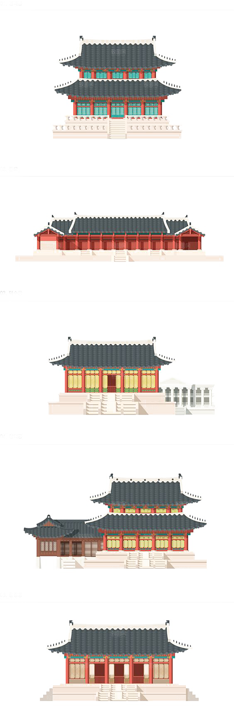 免抠古风水墨建筑插画PNG元素
