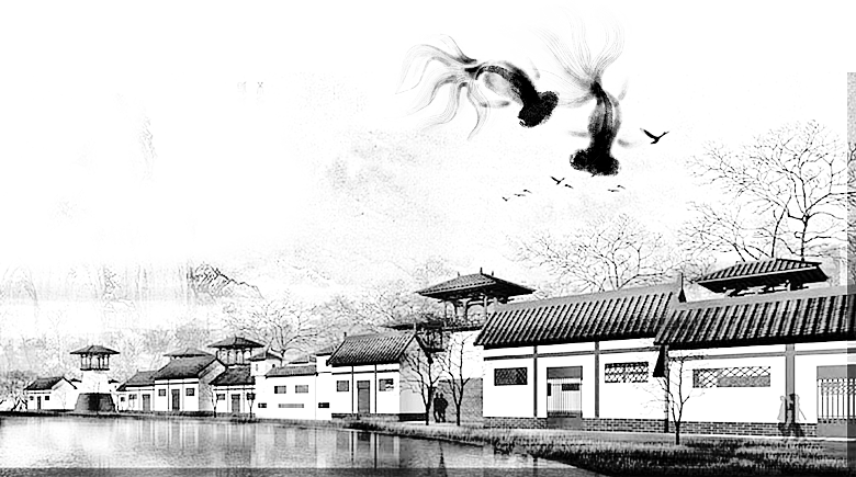 免抠古风水墨建筑插画PNG元素