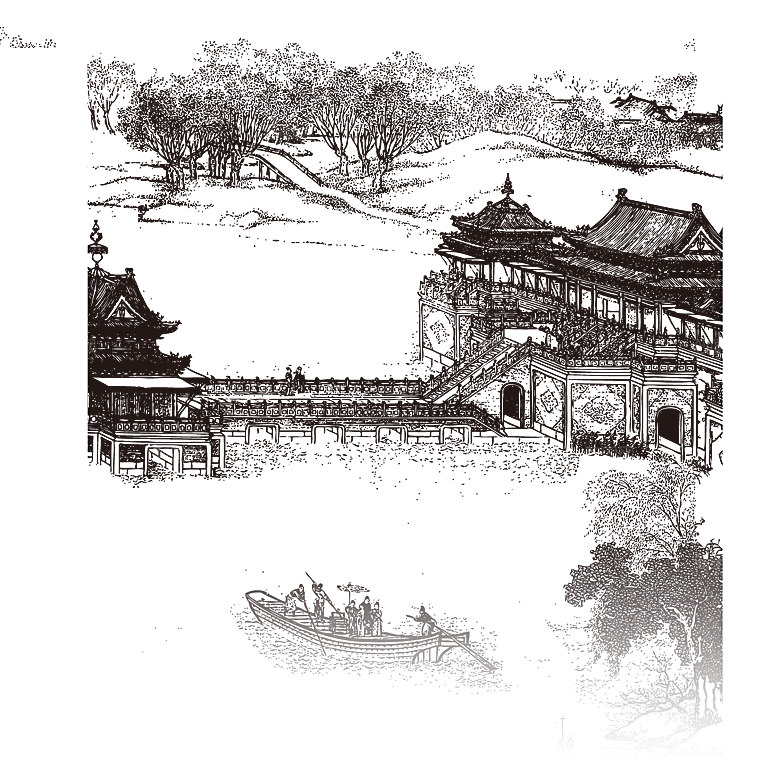 免抠古风水墨建筑插画PNG元素
