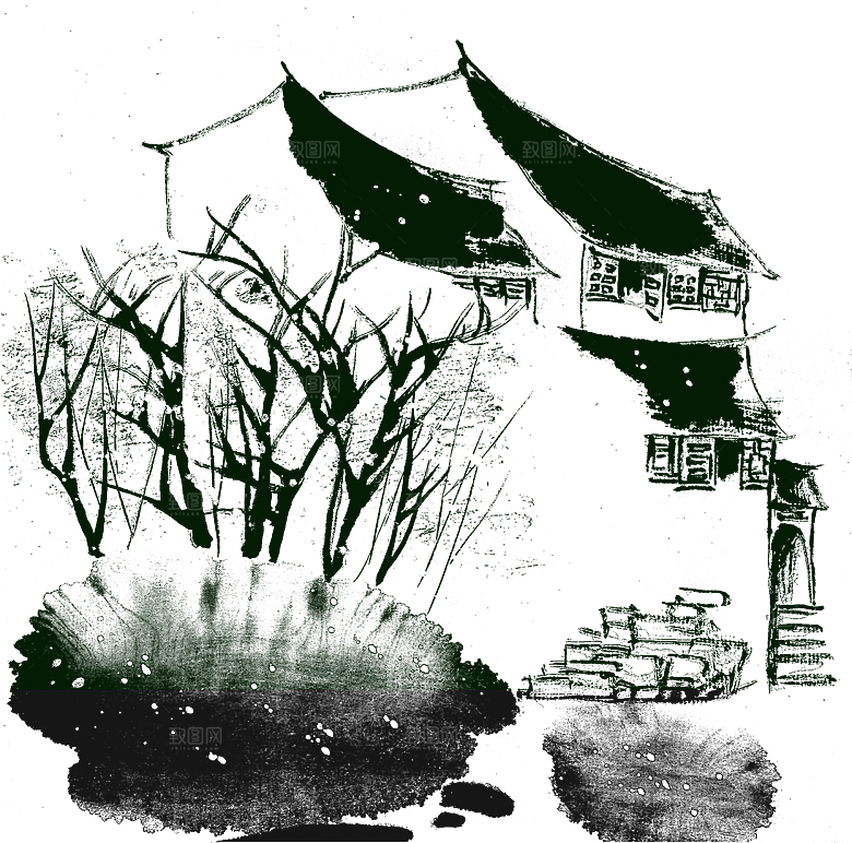 免抠古风水墨建筑插画PNG元素