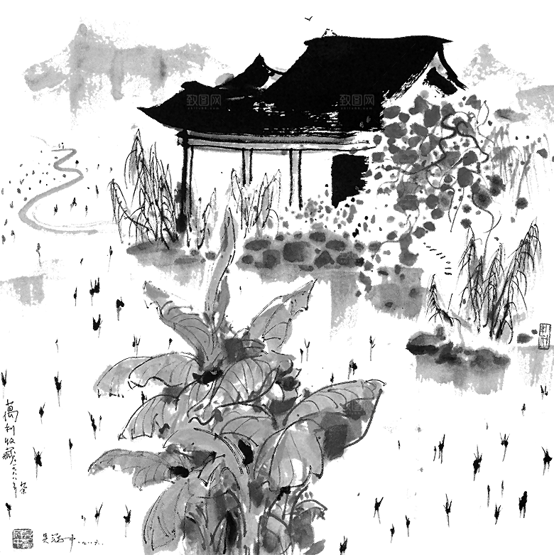 免抠古风水墨建筑插画PNG元素