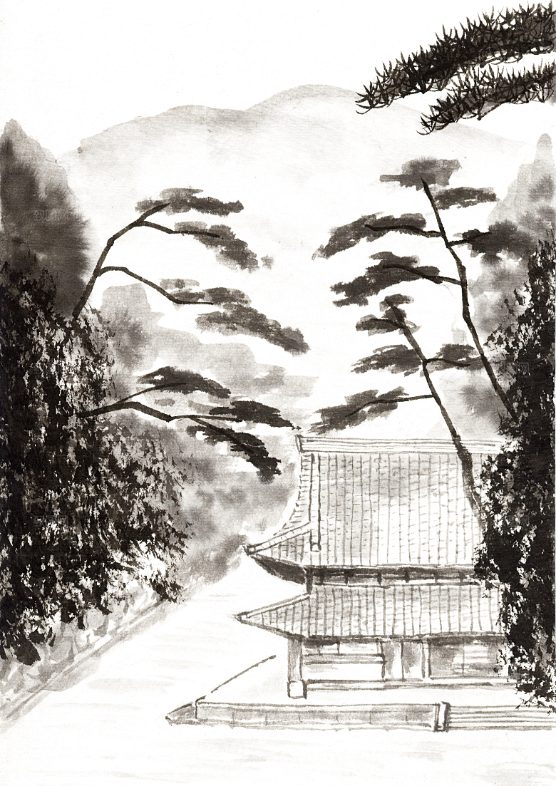 免抠古风水墨建筑插画PNG元素