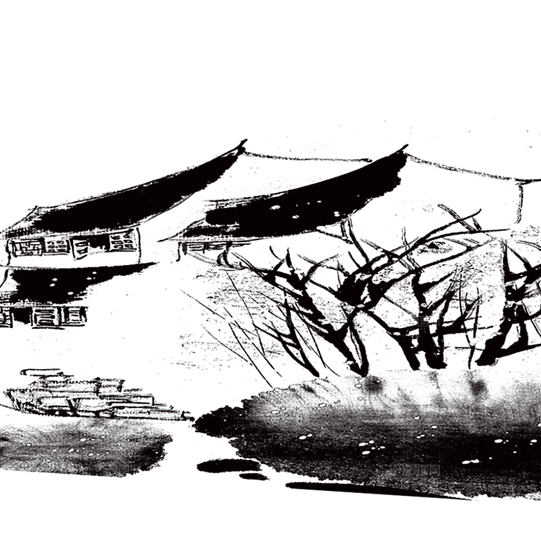 免抠古风水墨建筑插画PNG元素